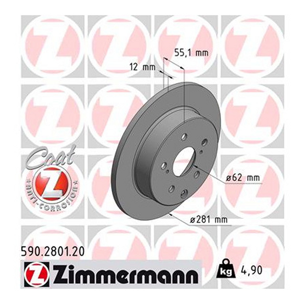 Диск гальмівний TOYOTA RAV 4 III (_A3_) 2.0 2005.06-2014.08 ZIMMERMANN (590.2801.20) Zimmermann фото 3