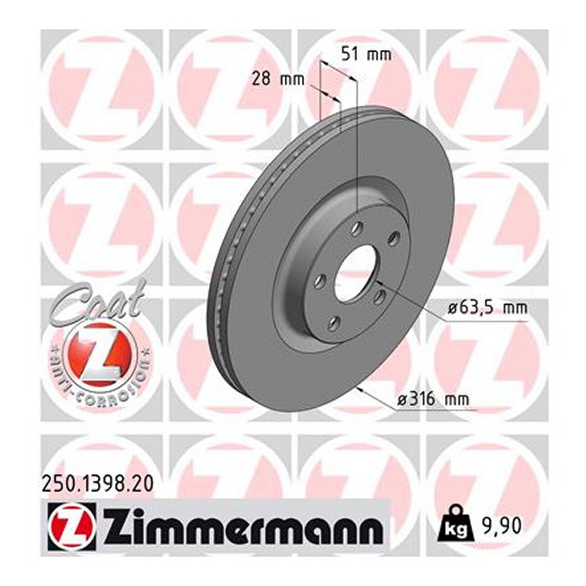 Диск гальмівний ВЕНТИЛ FORD GALAXY III (CK) 1.5 2015.01- ZIMMERMANN (250.1398.20) Zimmermann фото 3
