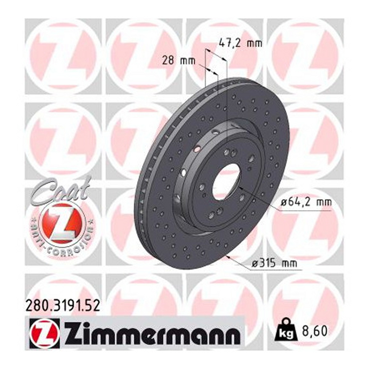 Диск гальмівний SPORT Z HONDA CR-V IV (RM_) 1.6 2012.01- ZIMMERMANN (280.3191.52) Zimmermann фото 3