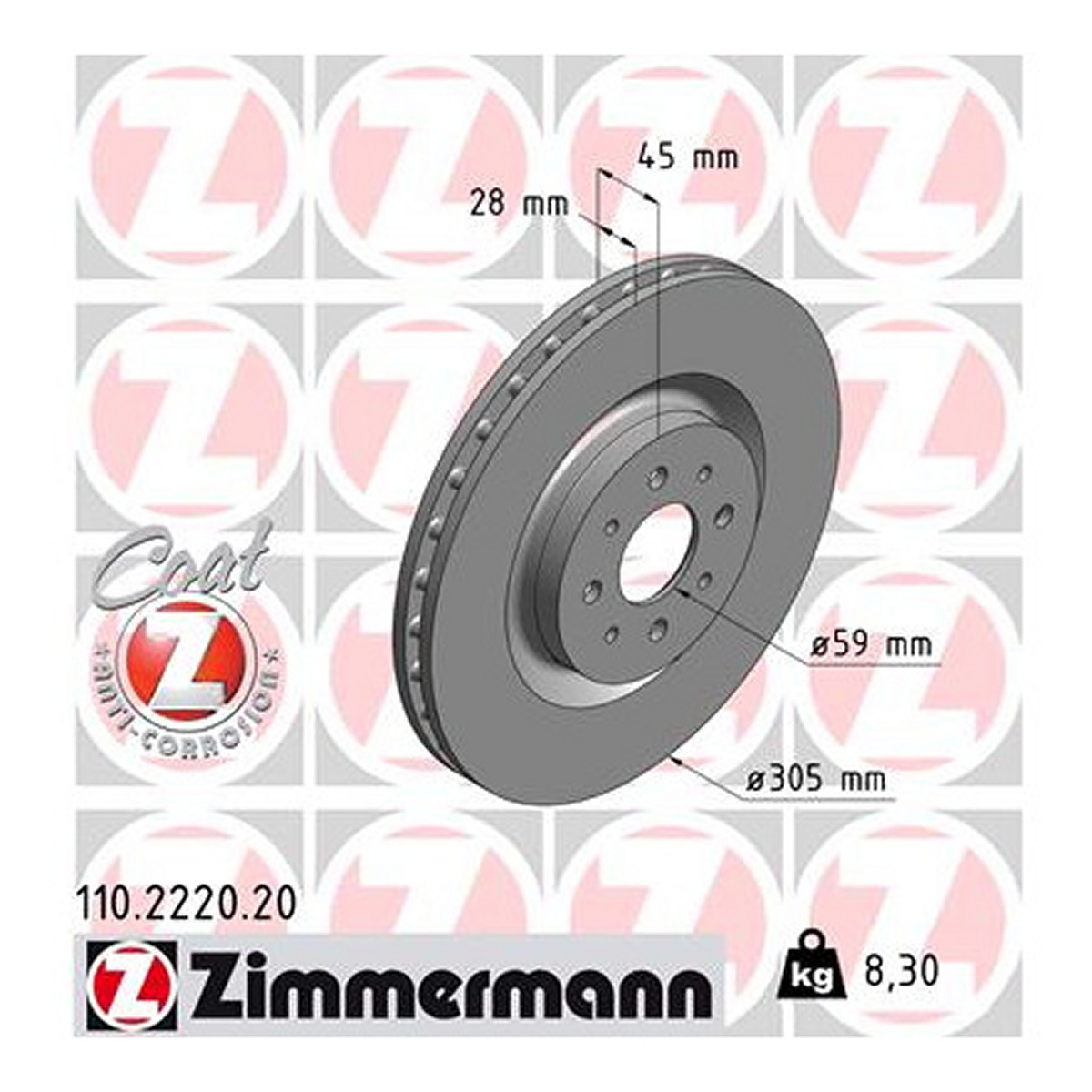 Диск гальмівний ALFA ROMEO MITO (955_) 1.4 2008.08-2018.10 ZIMMANN (110.2220.20) Zimmermann фото 3