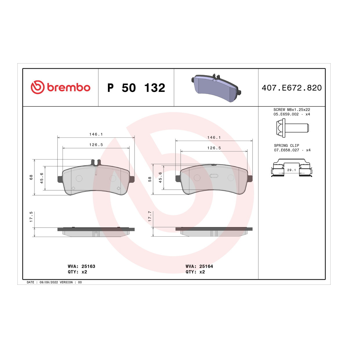 Колодки гальмівні дискові (комплект 4 шт) MB C-CLASS (W205) 4.0 2013.07- BREMBO (P50132) BREMBO фото 6