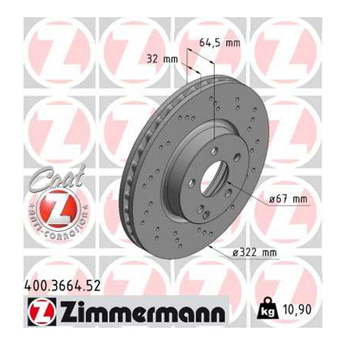 Диск гальмівний SPORT Z MB E-CLASS (W212) 1.8 2009.01-2016.12 ZIMMERMANN (400.3664.52) Zimmermann фото 3