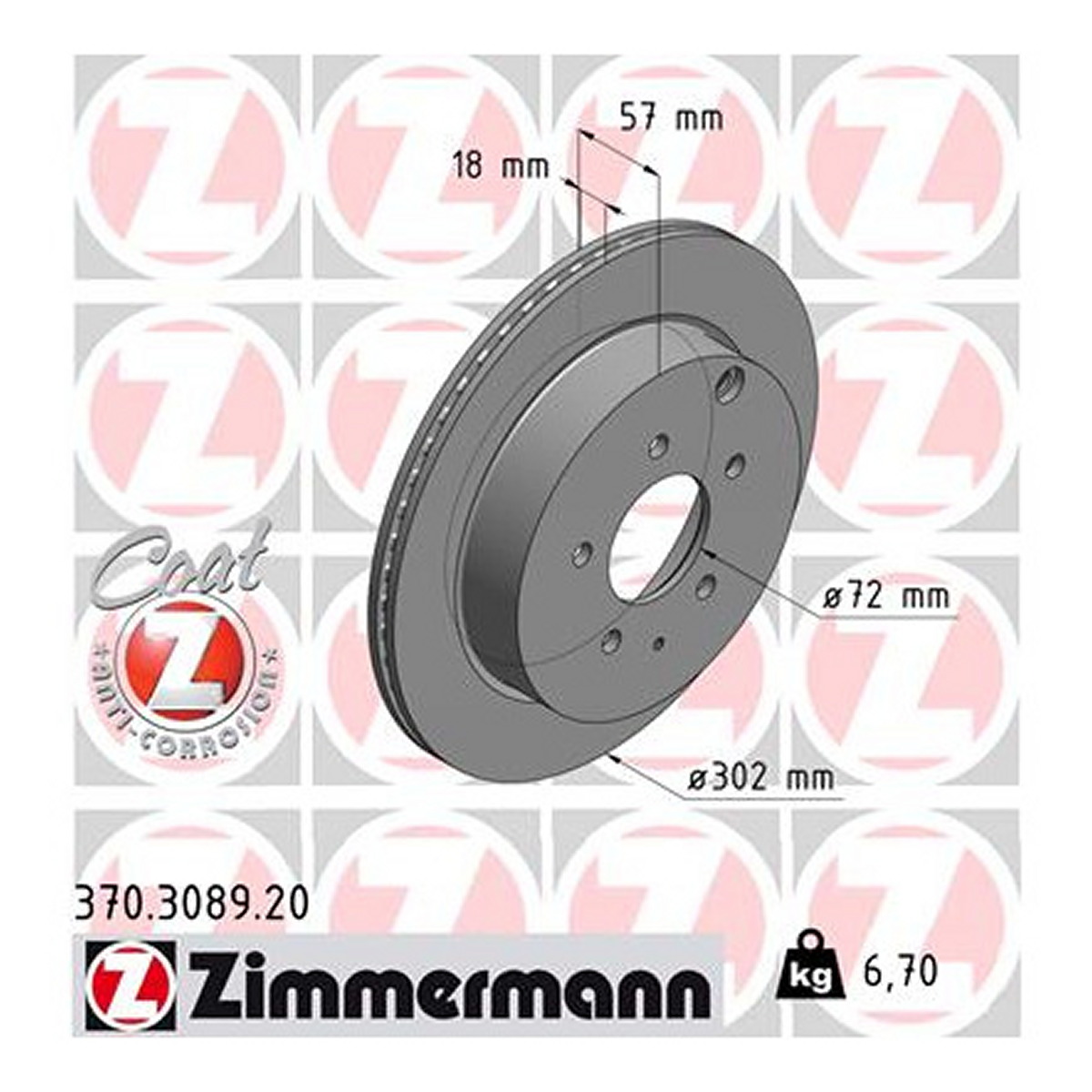 Диск гальмівний MAZDA CX-7 (ER) 2.5 2006.06-2014.12 ZIMMERMANN (370.3089.20) Zimmermann фото 3