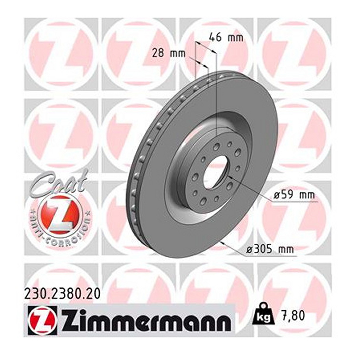 Диск гальмівний FIAT DOBLO CARGO (263_) 1.3 2010.02- ZIMMERMANN (230.2380.20) Zimmermann фото 3