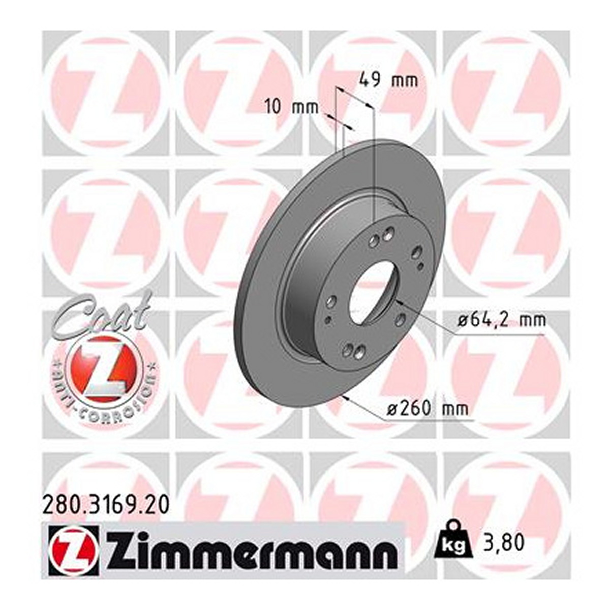 Диск гальмівний HONDA ACCORD VII (CL, CN) 2.4 2003.01-2012.09 ZIMMERMANN (280.3169.20) Zimmermann фото 3
