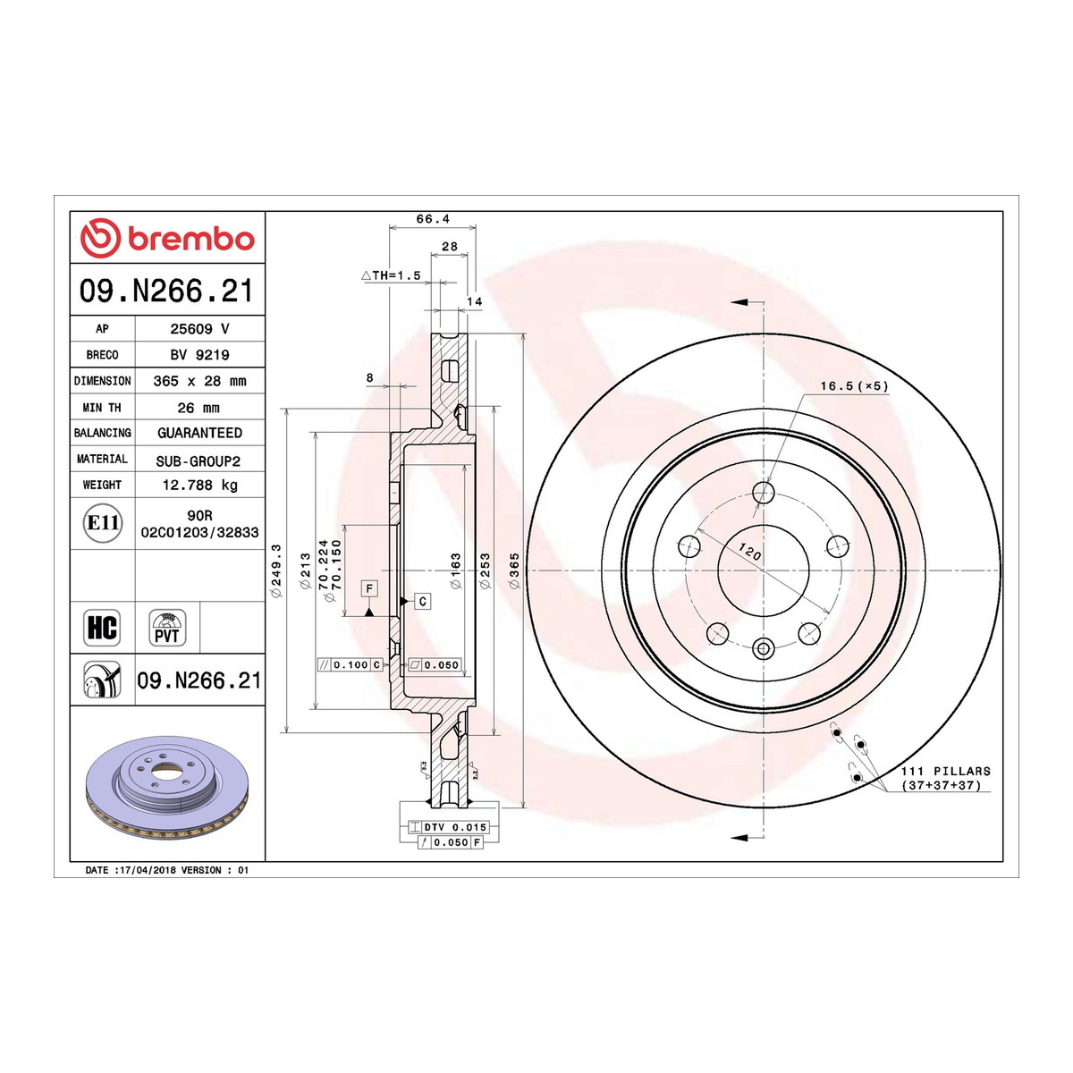 Диск гальмівний TESLA MODEL S (5YJS) 2012.09- BREMBO (09.N266.21) BREMBO фото 3
