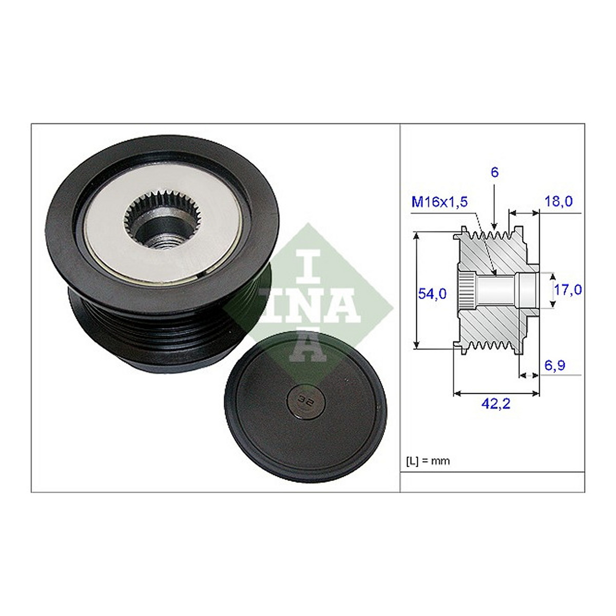 Шків генератора Opel Vectra 1.9CDTI 04-, 74/88/110kw, 6PK Schaeffler INA фото 5
