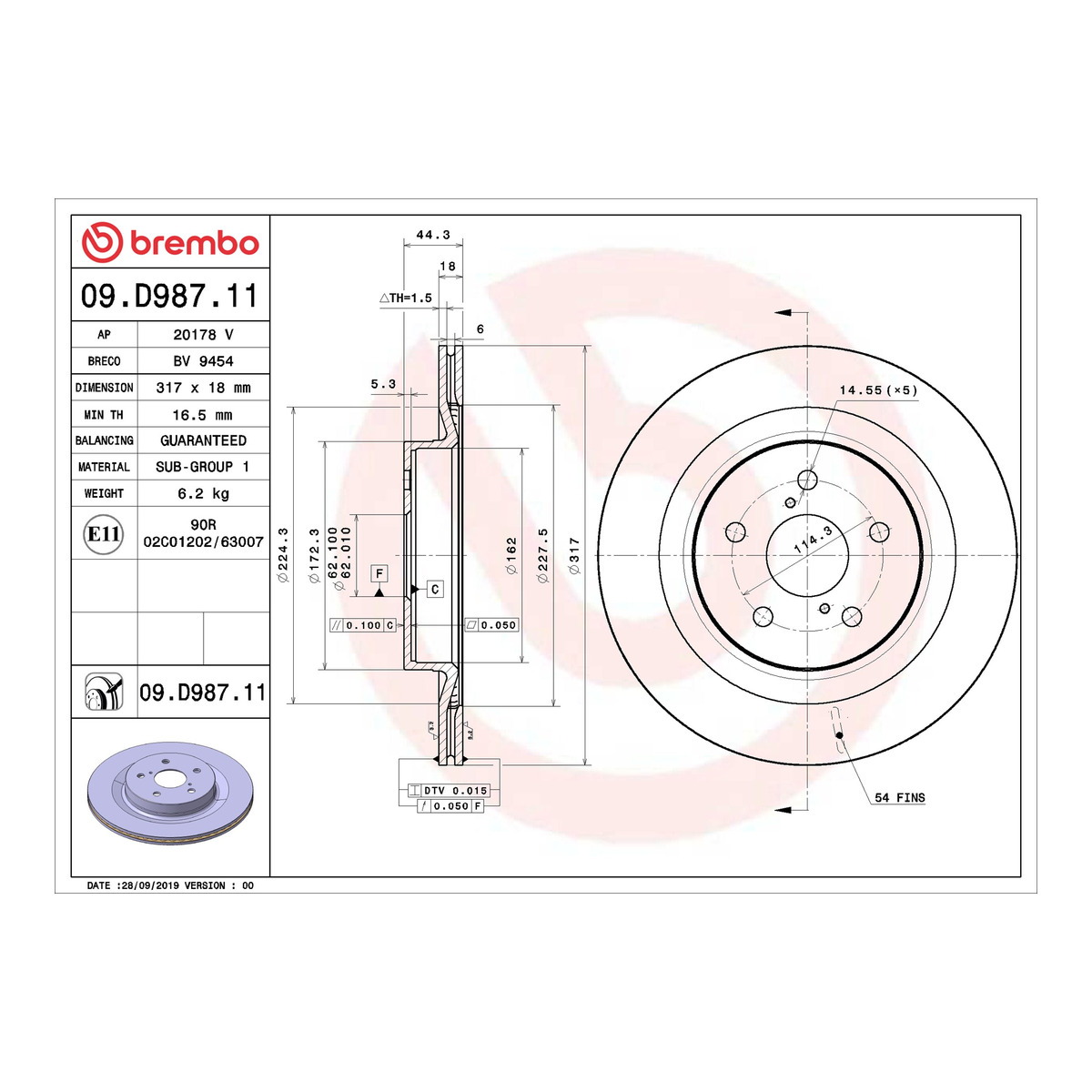 Диск гальмівний TOYOTA RAV 4 V (_A5_, _H5_) 2.5 2018.12- BREMBO (09.D987.11) BREMBO фото 6