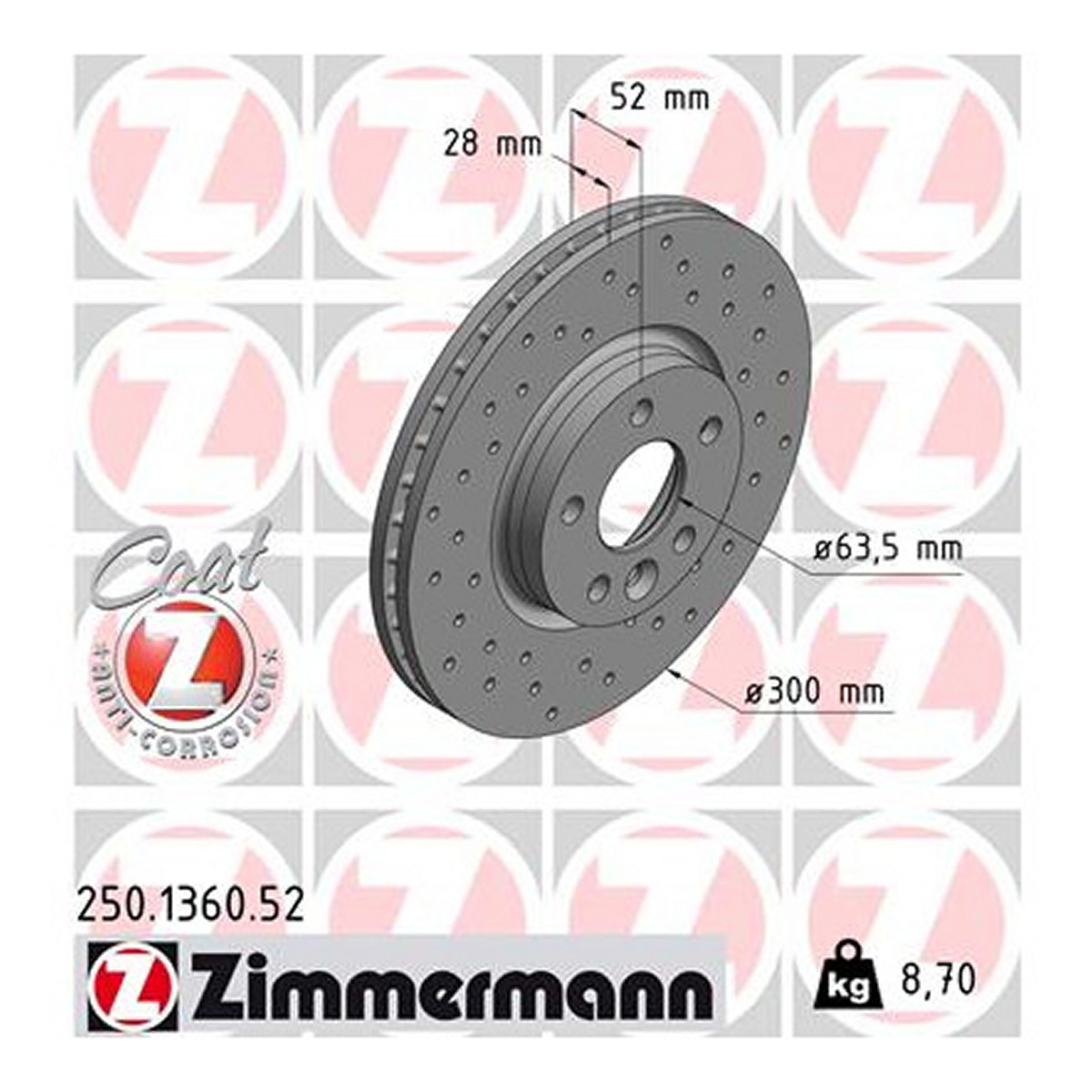 Диск тормозной SPORT Z LAND ROVER RANGE ROVER EVOQUE (L538) 2.0 2011.06-2019.12 ZIMMERMANN (250.1360.52) Zimmermann фото 3
