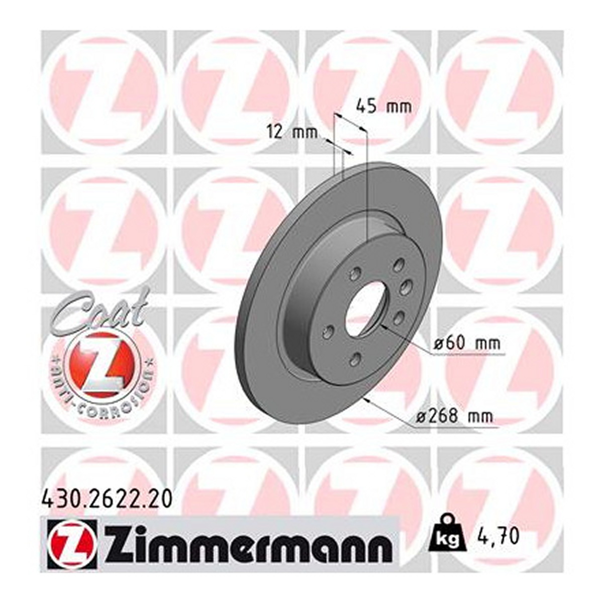 Диск гальмівний CHEVROLET AVEO ЛІФТБЕК (T300) 1.6 2011.03- ZIMMERMANN (430.2622.20) Zimmermann фото 3