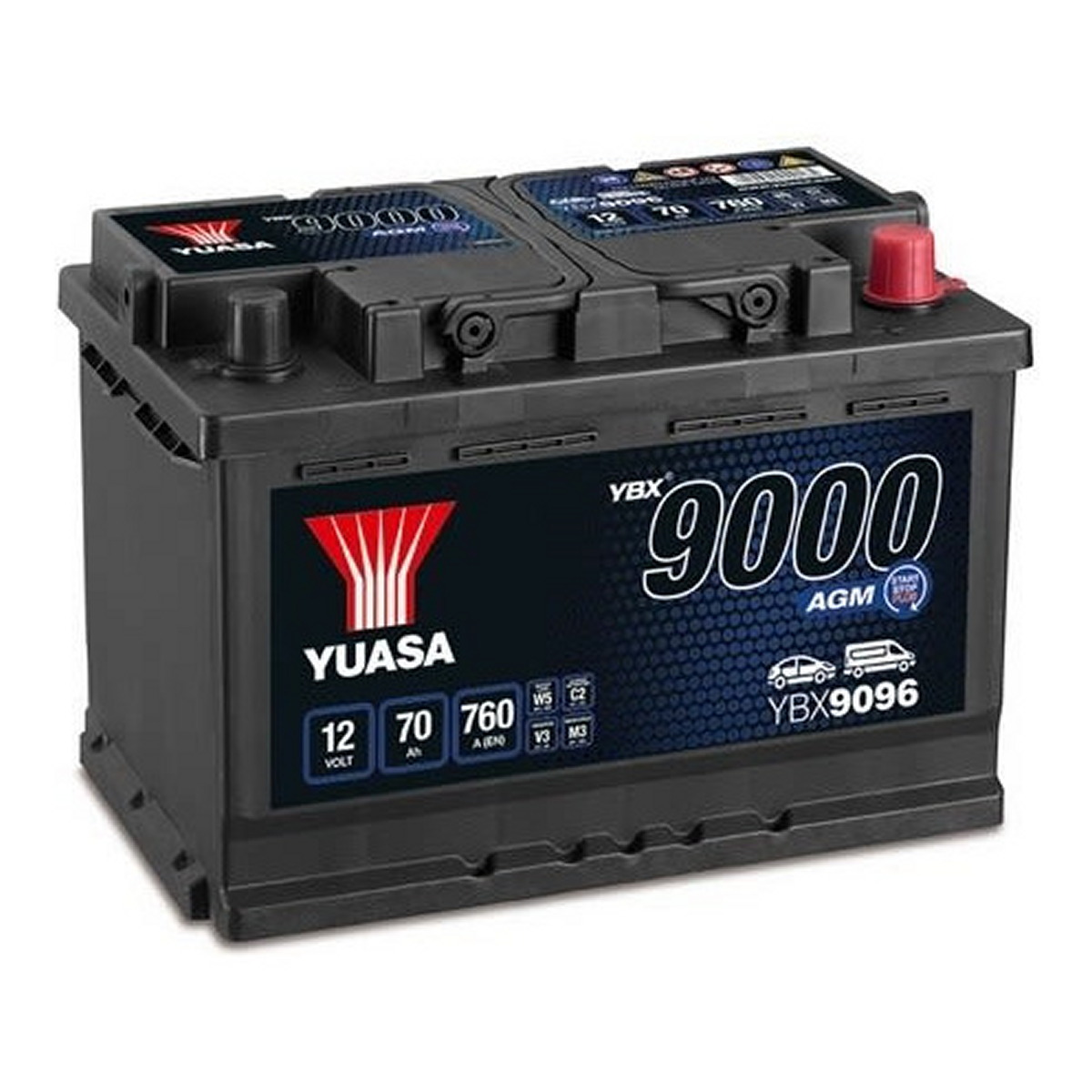 Акумулятор YUASA 12В 70Агод./760А START&STOP AGM, YBX9000 AGM Start Stop Plus (R+ стандартні клеми) 278x175x190 (пусковий/agm) фото 5