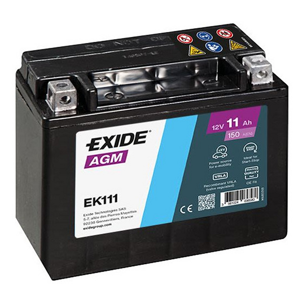Акумулятор EXIDE 12В 11Агод./150А AGM (L+ стандартні клеми) 150x90x130 B00 - без монтажного фланця (agm) фото 7