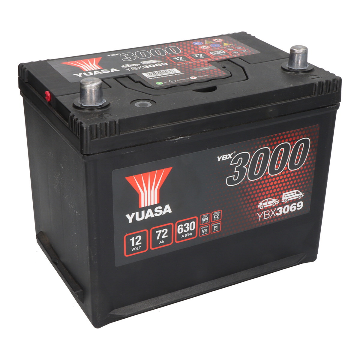 Акумулятор YUASA 12В 72Агод./630А YBX3000 SMF (L+ стандартні клеми) 269x174x223 B9 - монтажний фланець 29мм (пусковий) фото 5