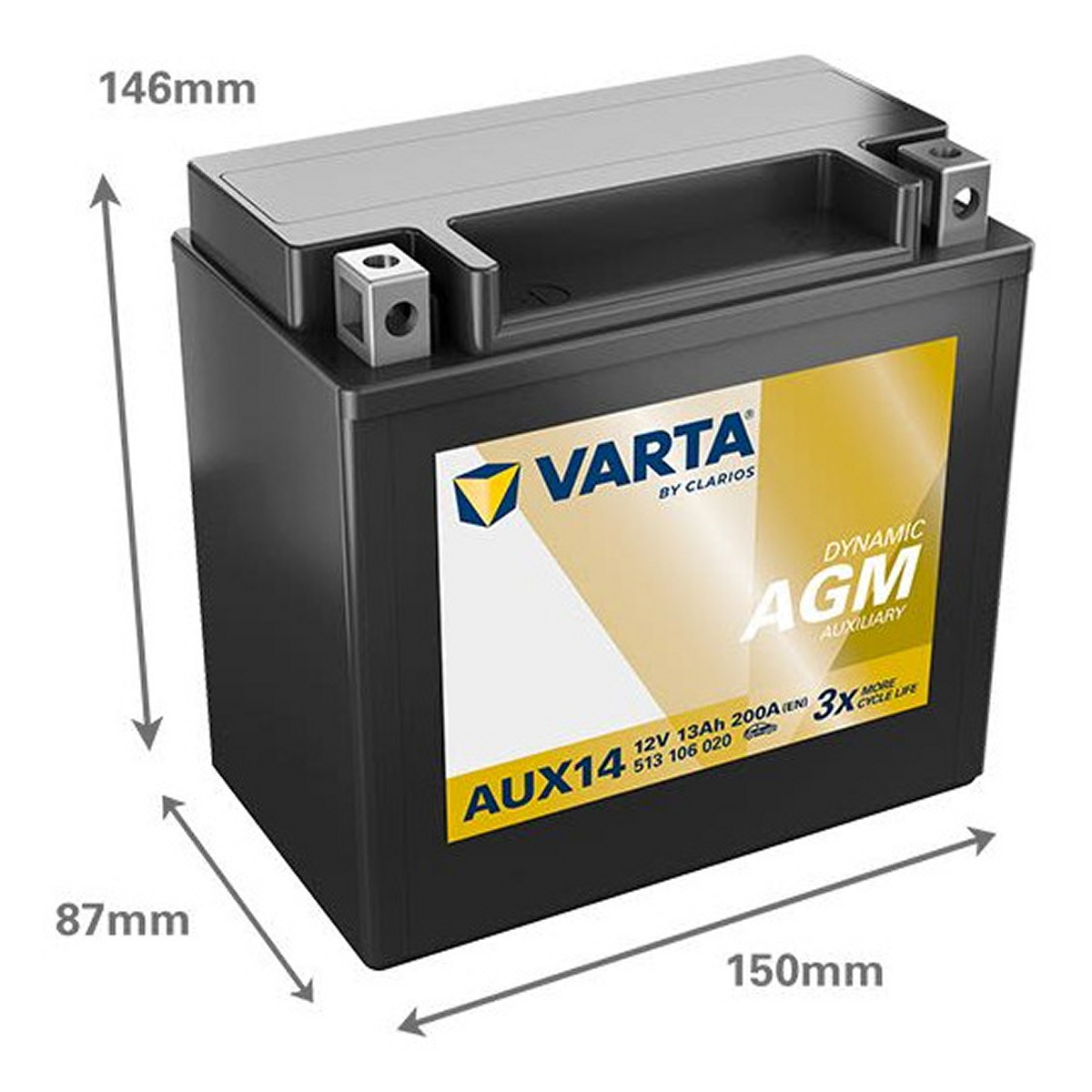 Акумулятор VARTA 12В 13Агод./200А AGM, AUXILIARY (L+ стандартні клеми) 150x87x146 B00 - без монтажного фланця (додатковий) фото 8