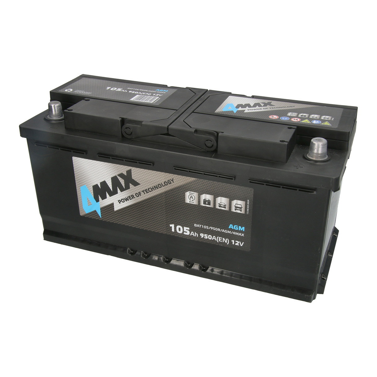 Акумулятор 4MAX 12В 105Агод./950А START&STOP AGM (R+ стандартні клеми) 394x175x190 B13 (пусковий/agm) фото 4